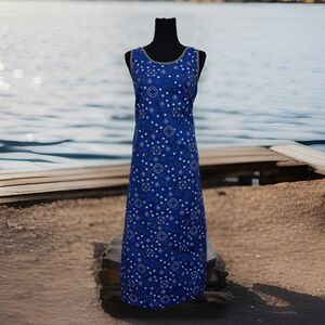Chic HandMade Blue White Print Floral Cotton Maxi Dress  Both Side Slit Boho M?